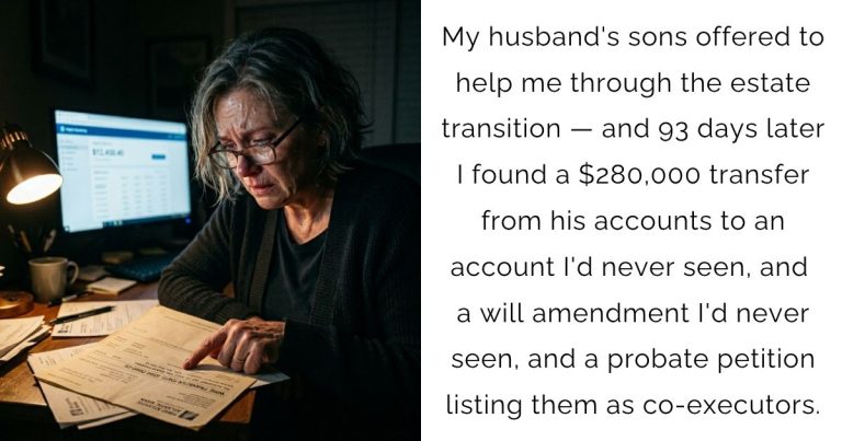 My husband’s sons offered to help me through the estate transition — and 93 days later I found a $280,000 transfer from his accounts to an account I’d never seen, and a will amendment I’d never seen, and a probate petition listing them as co-executors.