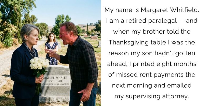 My name is Margaret Whitfield. I am a retired paralegal — and when my brother told the Thanksgiving table I was the reason my son hadn’t gotten ahead, I printed eight months of missed rent payments the next morning and emailed my supervising attorney.