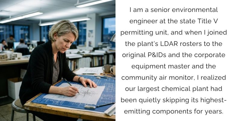 I am a senior environmental engineer at the state Title V permitting unit, and when I joined the plant’s LDAR rosters to the original P&IDs and the corporate equipment master and the community air monitor, I realized our largest chemical plant had been quietly skipping its highest-emitting components for years.