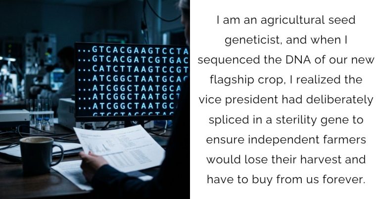 I am an agricultural seed geneticist, and when I sequenced the DNA of our new flagship crop, I realized the vice president had deliberately spliced in a sterility gene to ensure independent farmers would lose their harvest and have to buy from us forever.