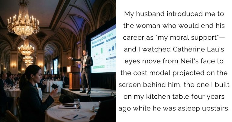 My husband introduced me to the woman who would end his career as “my moral support”—and I watched Catherine Lau’s eyes move from Neil’s face to the cost model projected on the screen behind him, the one I built on my kitchen table four years ago while he was asleep upstairs.