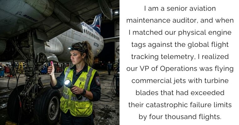 I am a senior aviation maintenance auditor, and when I matched our physical engine tags against the global flight tracking telemetry, I realized our VP of Operations was flying commercial jets with turbine blades that had exceeded their catastrophic failure limits by four thousand flights.