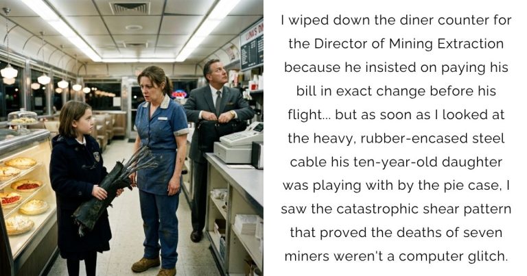 I wiped down the diner counter for the Director of Mining Extraction because he insisted on paying his bill in exact change before his flight… but as soon as I looked at the heavy, rubber-encased steel cable his ten-year-old daughter was playing with by the pie case, I saw the catastrophic shear pattern that proved the deaths of seven miners weren’t a computer glitch.