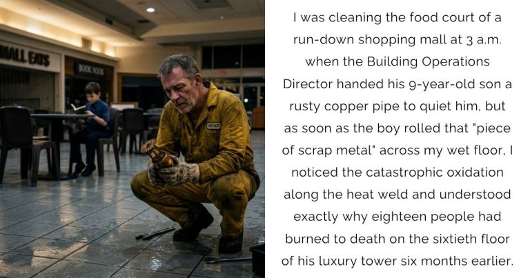 I was cleaning the food court of a run-down shopping mall at 3 a.m. when the Building Operations Director handed his 9-year-old son a rusty copper pipe to quiet him, but as soon as the boy rolled that “piece of scrap metal” across my wet floor, I noticed the catastrophic oxidation along the heat weld and understood exactly why eighteen people had burned to death on the sixtieth floor of his luxury tower six months earlier.