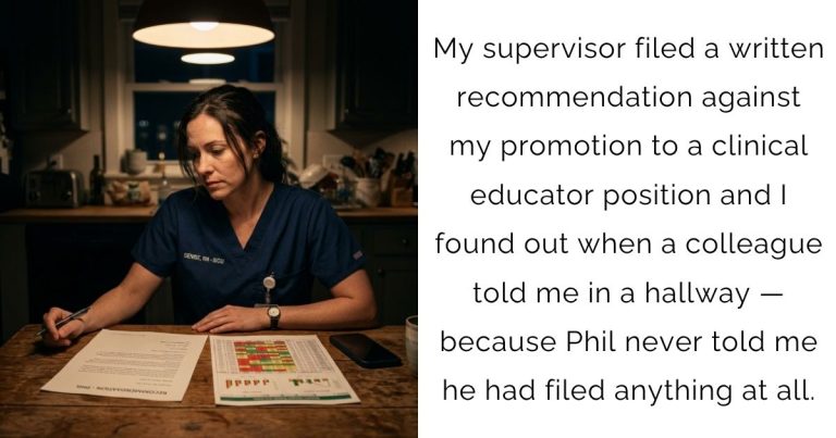 My supervisor filed a written recommendation against my promotion to a clinical educator position and I found out when a colleague told me in a hallway — because Phil never told me he had filed anything at all.