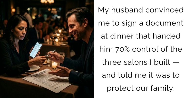 My husband convinced me to sign a document at dinner that handed him 70% control of the three salons I built — and told me it was to protect our family.