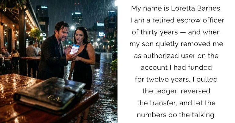 My name is Loretta Barnes. I am a retired escrow officer of thirty years — and when my son quietly removed me as authorized user on the account I had funded for twelve years, I pulled the ledger, reversed the transfer, and let the numbers do the talking.