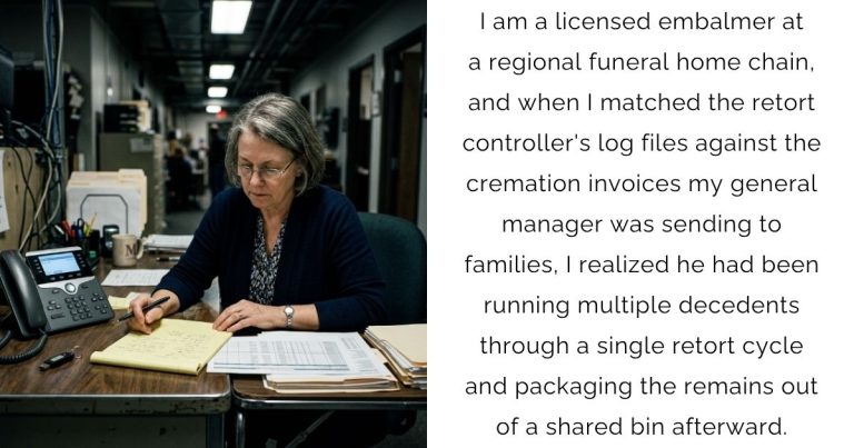 I am a licensed embalmer at a regional funeral home chain, and when I matched the retort controller’s log files against the cremation invoices my general manager was sending to families, I realized he had been running multiple decedents through a single retort cycle and packaging the remains out of a shared bin afterward.
