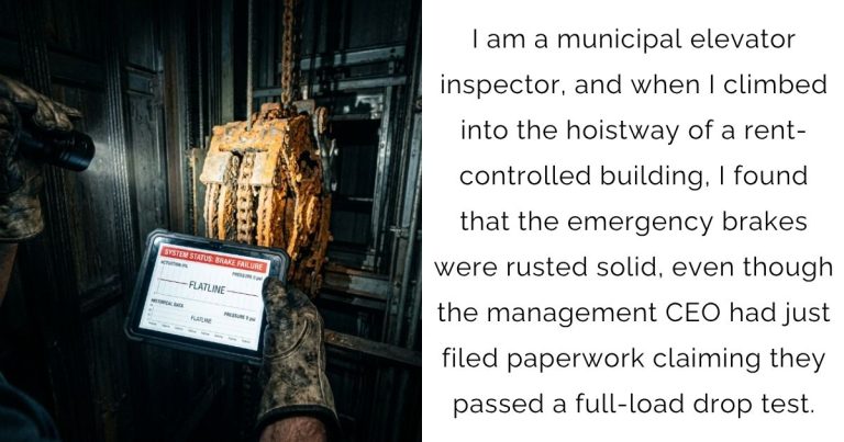 I am a municipal elevator inspector, and when I climbed into the hoistway of a rent-controlled building, I found that the emergency brakes were rusted solid, even though the management CEO had just filed paperwork claiming they passed a full-load drop test.