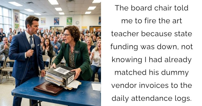 The board chair told me to fire the art teacher because state funding was down, not knowing I had already matched his dummy vendor invoices to the daily attendance logs.