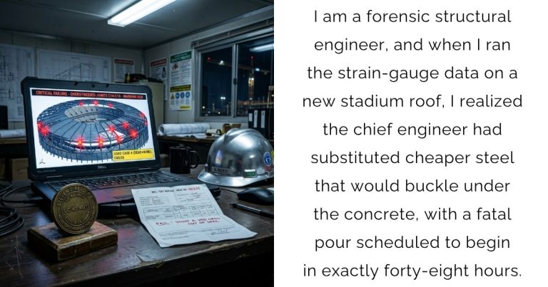 I am a forensic structural engineer, and when I ran the strain-gauge data on a new stadium roof, I realized the chief engineer had substituted cheaper steel that would buckle under the concrete, with a fatal pour scheduled to begin in exactly forty-eight hours.