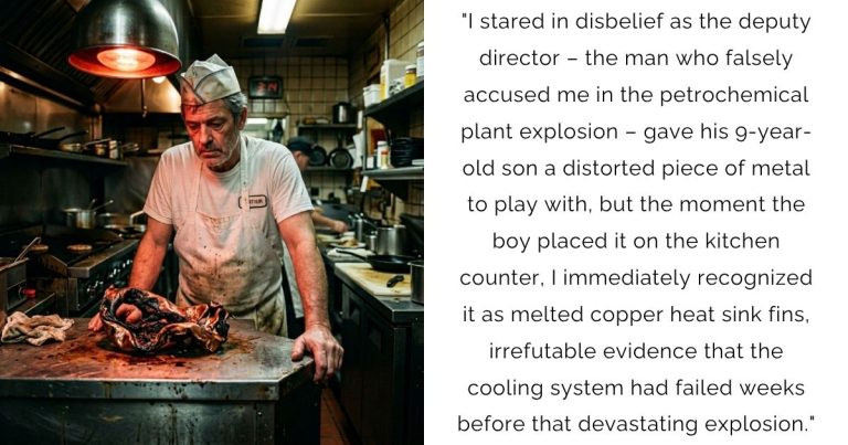 “I stared in disbelief as the deputy director – the man who falsely accused me in the petrochemical plant explosion – gave his 9-year-old son a distorted piece of metal to play with, but the moment the boy placed it on the kitchen counter, I immediately recognized it as melted copper heat sink fins, irrefutable evidence that the cooling system had failed weeks before that devastating explosion.”