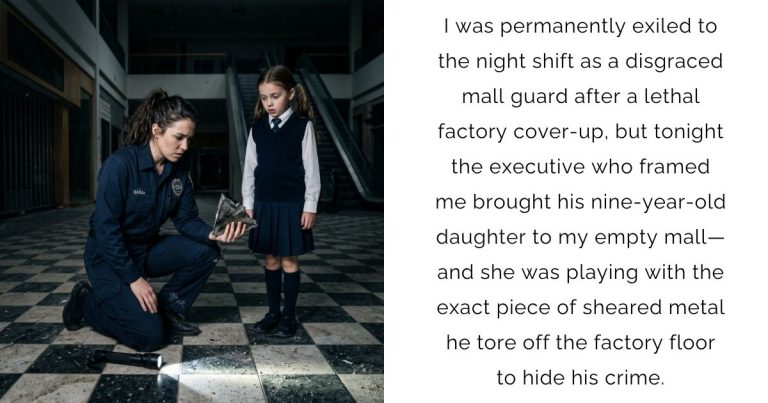 I was permanently exiled to the night shift as a disgraced mall guard after a lethal factory cover-up, but tonight the executive who framed me brought his nine-year-old daughter to my empty mall—and she was playing with the exact piece of sheared metal he tore off the factory floor to hide his crime.