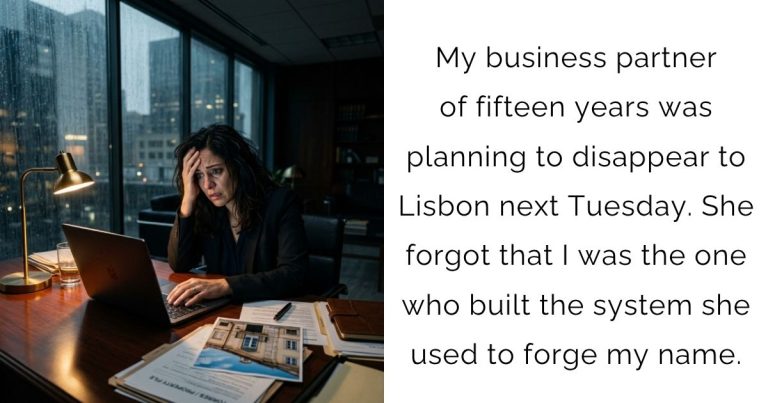 My business partner of fifteen years was planning to disappear to Lisbon next Tuesday. She forgot that I was the one who built the system she used to forge my name.