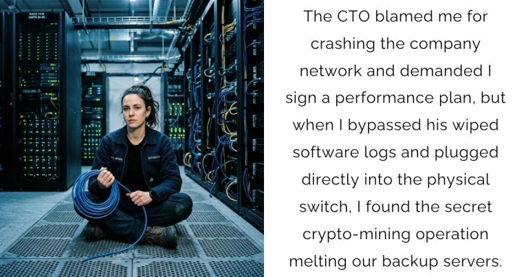The CTO blamed me for crashing the company network and demanded I sign a performance plan, but when I bypassed his wiped software logs and plugged directly into the physical switch, I found the secret crypto-mining operation melting our backup servers.
