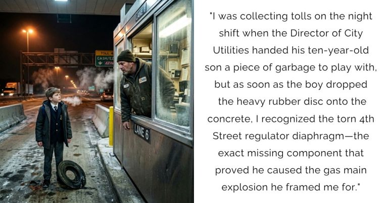 “I was collecting tolls on the night shift when the Director of City Utilities handed his ten-year-old son a piece of garbage to play with, but as soon as the boy dropped the heavy rubber disc onto the concrete, I recognized the torn 4th Street regulator diaphragm—the exact missing component that proved he caused the gas main explosion he framed me for.”
