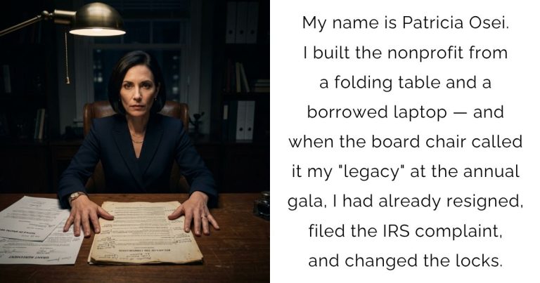 My name is Patricia Osei. I built the nonprofit from a folding table and a borrowed laptop — and when the board chair called it my “legacy” at the annual gala, I had already resigned, filed the IRS complaint, and changed the locks.