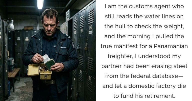 I am the customs agent who still reads the water lines on the hull to check the weight, and the morning I pulled the true manifest for a Panamanian freighter, I understood my partner had been erasing steel from the federal database—and let a domestic factory die to fund his retirement.