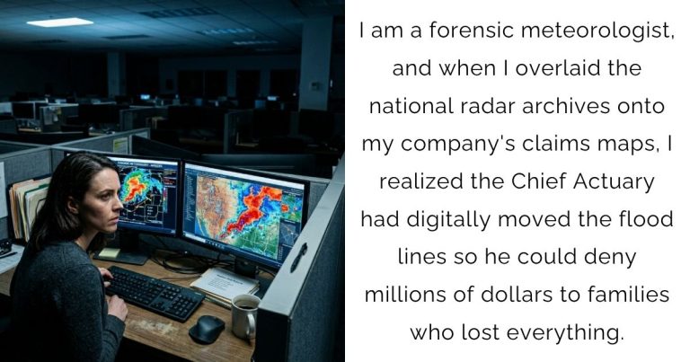 I am a forensic meteorologist, and when I overlaid the national radar archives onto my company’s claims maps, I realized the Chief Actuary had digitally moved the flood lines so he could deny millions of dollars to families who lost everything.