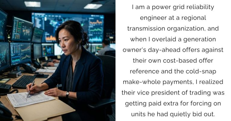 I am a power grid reliability engineer at a regional transmission organization, and when I overlaid a generation owner’s day-ahead offers against their own cost-based offer reference and the cold-snap make-whole payments, I realized their vice president of trading was getting paid extra for forcing on units he had quietly bid out.