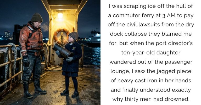 I was scraping ice off the hull of a commuter ferry at 3 AM to pay off the civil lawsuits from the dry dock collapse they blamed me for 🥶, but when the port director’s ten-year-old daughter wandered out of the passenger lounge, I saw the jagged piece of heavy cast iron in her hands and finally understood exactly why thirty men had drowned.