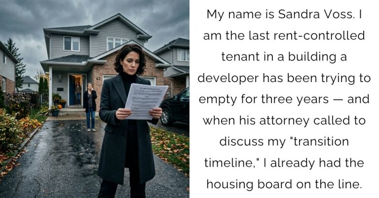 My name is Sandra Voss. I am the last rent-controlled tenant in a building a developer has been trying to empty for three years — and when his attorney called to discuss my “transition timeline,” I already had the housing board on the line.