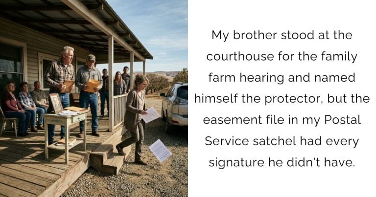 My brother stood at the courthouse for the family farm hearing and named himself the protector, but the easement file in my Postal Service satchel had every signature he didn’t have.