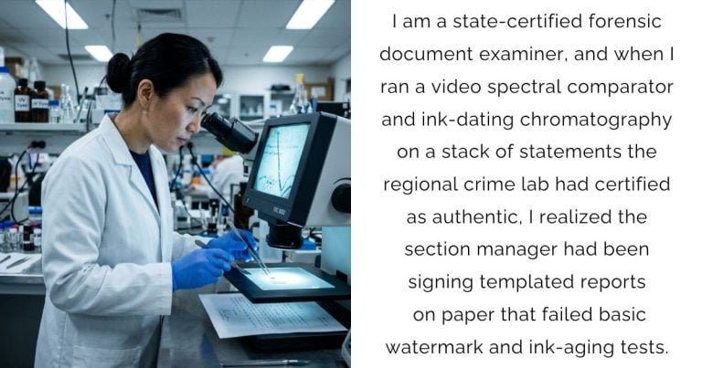 I am a state-certified forensic document examiner, and when I ran a video spectral comparator and ink-dating chromatography on a stack of statements the regional crime lab had certified as authentic, I realized the section manager had been signing templated reports on paper that failed basic watermark and ink-aging tests.