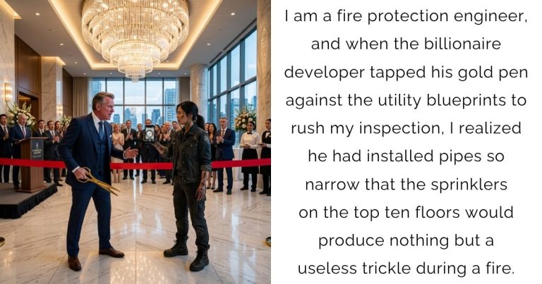 I am a fire protection engineer, and when the billionaire developer tapped his gold pen against the utility blueprints to rush my inspection, I realized he had installed pipes so narrow that the sprinklers on the top ten floors would produce nothing but a useless trickle during a fire.