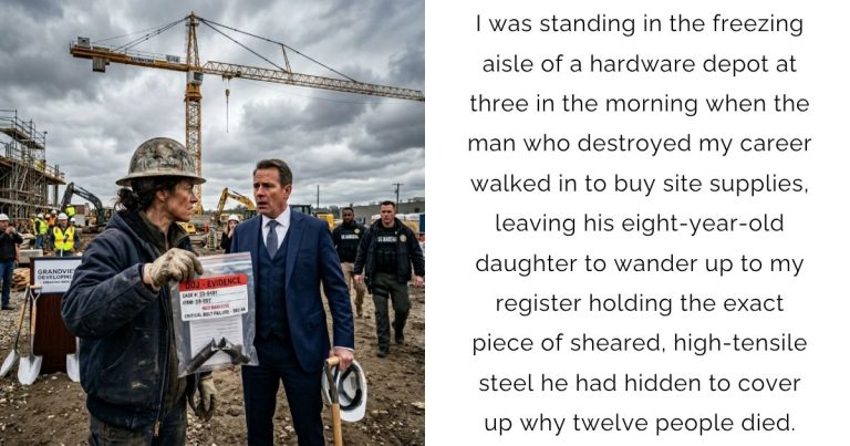 I was standing in the freezing aisle of a hardware depot at three in the morning when the man who destroyed my career walked in to buy site supplies, leaving his eight-year-old daughter to wander up to my register holding the exact piece of sheared, high-tensile steel he had hidden to cover up why twelve people died.