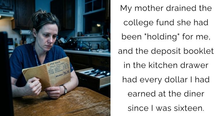 My mother drained the college fund she had been “holding” for me, and the deposit booklet in the kitchen drawer had every dollar I had earned at the diner since I was sixteen.