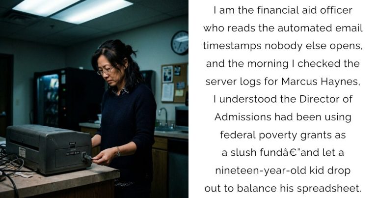 I am the financial aid officer who reads the automated email timestamps nobody else opens, and the morning I checked the server logs for Marcus Haynes, I understood the Director of Admissions had been using federal poverty grants as a slush fundâ€”and let a nineteen-year-old kid drop out to balance his spreadsheet.