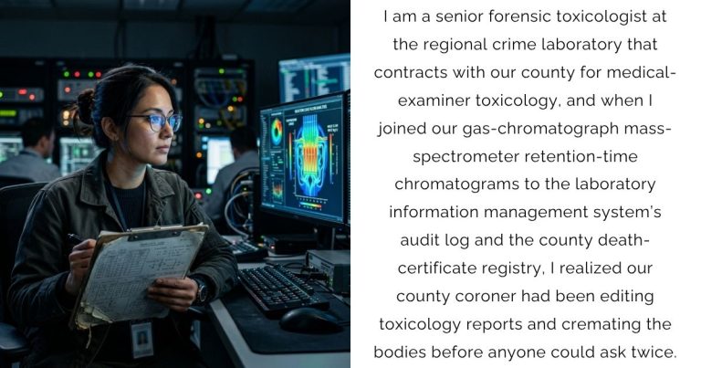 I am a senior forensic toxicologist at the regional crime laboratory that contracts with our county for medical-examiner toxicology, and when I joined our gas-chromatograph mass-spectrometer retention-time chromatograms to the laboratory information management system’s audit log and the county death-certificate registry, I realized our county coroner had been editing toxicology reports and cremating the bodies before anyone could ask twice.