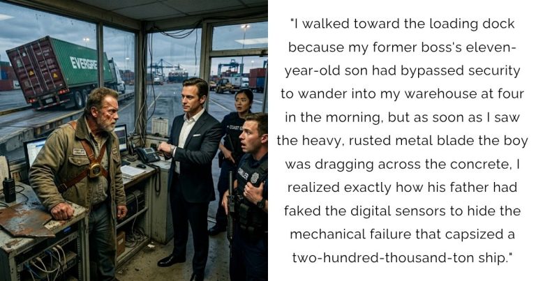“I walked toward the loading dock because my former boss’s eleven-year-old son had bypassed security to wander into my warehouse at four in the morning, but as soon as I saw the heavy, rusted metal blade the boy was dragging across the concrete, I realized exactly how his father had faked the digital sensors to hide the mechanical failure that capsized a two-hundred-thousand-ton ship.”