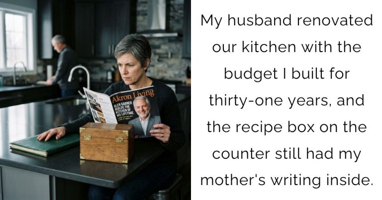My husband renovated our kitchen with the budget I built for thirty-one years, and the recipe box on the counter still had my mother’s writing inside.