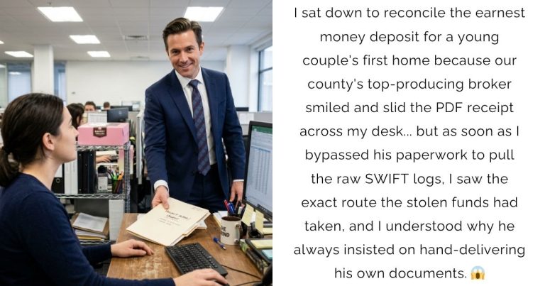 I sat down to reconcile the earnest money deposit for a young couple’s first home because our county’s top-producing broker smiled and slid the PDF receipt across my desk… but as soon as I bypassed his paperwork to pull the raw SWIFT logs, I saw the exact route the stolen funds had taken, and I understood why he always insisted on hand-delivering his own documents. 😱