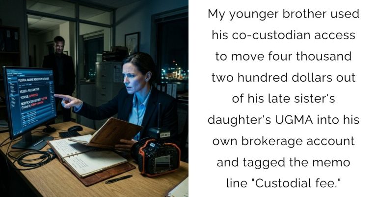 My younger brother used his co-custodian access to move four thousand two hundred dollars out of his late sister’s daughter’s UGMA into his own brokerage account and tagged the memo line “Custodial fee.”