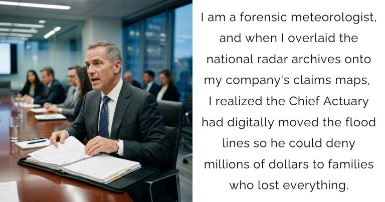 I am a forensic meteorologist, and when I overlaid the national radar archives onto my company’s claims maps, I realized the Chief Actuary had digitally moved the flood lines so he could deny millions of dollars to families who lost everything.