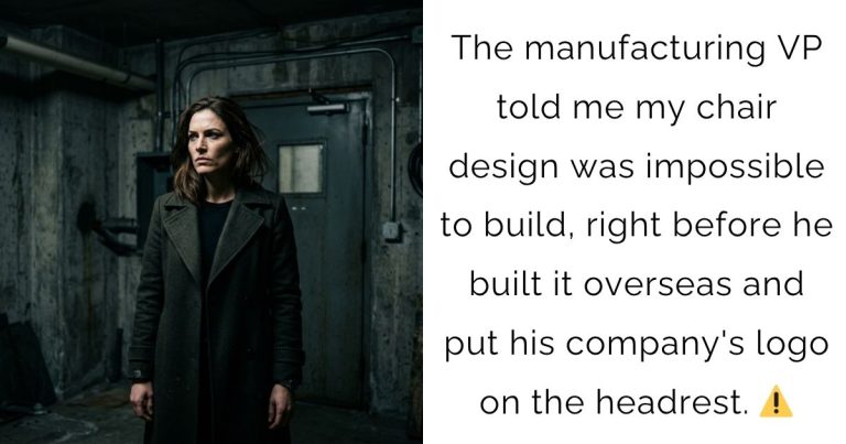 The manufacturing VP told me my chair design was impossible to build, right before he built it overseas and put his company’s logo on the headrest. ⚠️