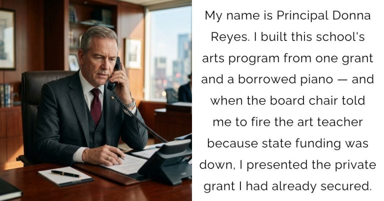 My name is Principal Donna Reyes. I built this school’s arts program from one grant and a borrowed piano — and when the board chair told me to fire the art teacher because state funding was down, I presented the private grant I had already secured.