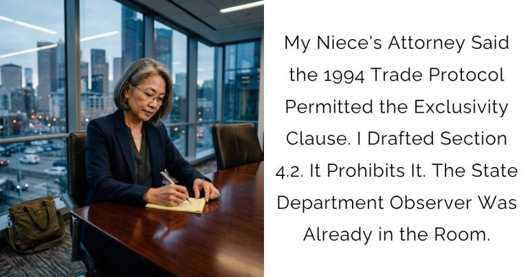 My Niece’s Attorney Said the 1994 Trade Protocol Permitted the Exclusivity Clause. I Drafted Section 4.2. It Prohibits It. The State Department Observer Was Already in the Room.
