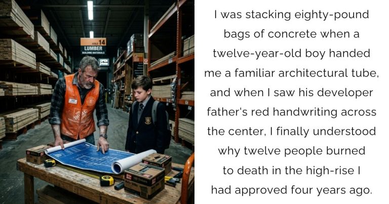 I was stacking eighty-pound bags of concrete when a twelve-year-old boy handed me a familiar architectural tube, and when I saw his developer father’s red handwriting across the center, I finally understood why twelve people burned to death in the high-rise I had approved four years ago.