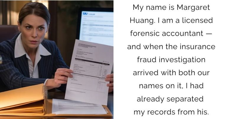My name is Margaret Huang. I am a licensed forensic accountant — and when the insurance fraud investigation arrived with both our names on it, I had already separated my records from his.