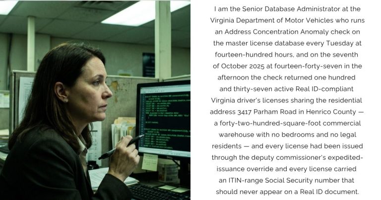 I am the Senior Database Administrator at the Virginia Department of Motor Vehicles who runs an Address Concentration Anomaly check on the master license database every Tuesday at fourteen-hundred hours, and on the seventh of October 2025 at fourteen-forty-seven in the afternoon the check returned one hundred and thirty-seven active Real ID-compliant Virginia driver’s licenses sharing the residential address 3417 Parham Road in Henrico County — a forty-two-hundred-square-foot commercial warehouse with no bedrooms and no legal residents — and every license had been issued through the deputy commissioner’s expedited-issuance override and every license carried an ITIN-range Social Security number that should never appear on a Real ID document.