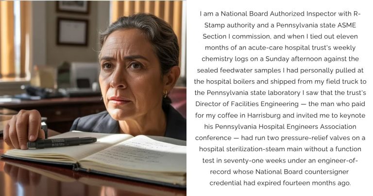 I am a National Board Authorized Inspector with R-Stamp authority and a Pennsylvania state ASME Section I commission, and when I tied out eleven months of an acute-care hospital trust’s weekly chemistry logs on a Sunday afternoon against the sealed feedwater samples I had personally pulled at the hospital boilers and shipped from my field truck to the Pennsylvania state laboratory I saw that the trust’s Director of Facilities Engineering — the man who paid for my coffee in Harrisburg and invited me to keynote his Pennsylvania Hospital Engineers Association conference — had run two pressure-relief valves on a hospital sterilization-steam main without a function test in seventy-one weeks under an engineer-of-record whose National Board countersigner credential had expired fourteen months ago.