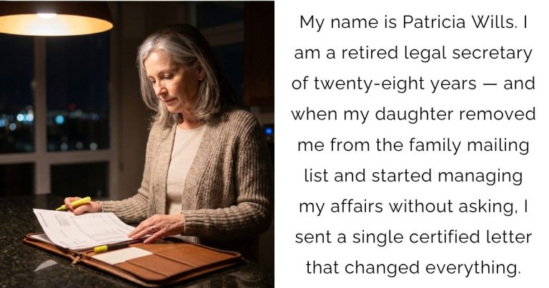 My name is Patricia Wills. I am a retired legal secretary of twenty-eight years — and when my daughter removed me from the family mailing list and started managing my affairs without asking, I sent a single certified letter that changed everything.