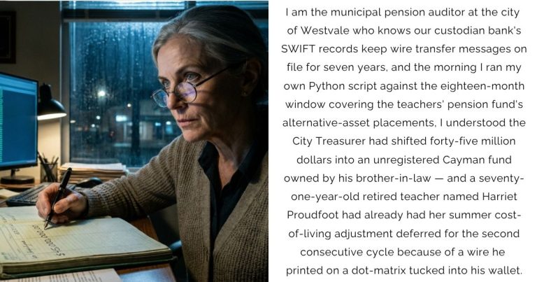 I am the municipal pension auditor at the city of Westvale who knows our custodian bank’s SWIFT records keep wire transfer messages on file for seven years, and the morning I ran my own Python script against the eighteen-month window covering the teachers’ pension fund’s alternative-asset placements, I understood the City Treasurer had shifted forty-five million dollars into an unregistered Cayman fund owned by his brother-in-law — and a seventy-one-year-old retired teacher named Harriet Proudfoot had already had her summer cost-of-living adjustment deferred for the second consecutive cycle because of a wire he printed on a dot-matrix tucked into his wallet.