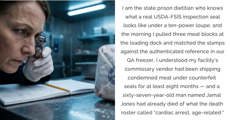 I am the state prison dietitian who knows what a real USDA-FSIS inspection seal looks like under a ten-power loupe, and the morning I pulled three meat blocks at the loading dock and matched the stamps against the authenticated reference in our QA freezer, I understood my facility’s commissary vendor had been shipping condemned meat under counterfeit seals for at least eight months — and a sixty-seven-year-old man named Jamal Jones had already died of what the death roster called “cardiac arrest, age-related.”