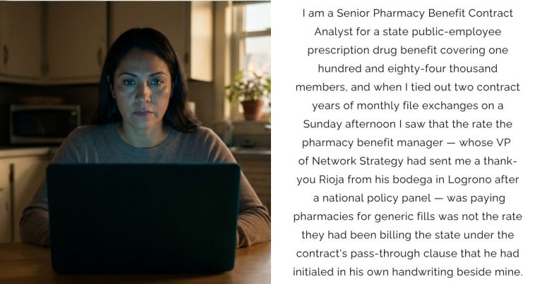 I am a Senior Pharmacy Benefit Contract Analyst for a state public-employee prescription drug benefit covering one hundred and eighty-four thousand members, and when I tied out two contract years of monthly file exchanges on a Sunday afternoon I saw that the rate the pharmacy benefit manager — whose VP of Network Strategy had sent me a thank-you Rioja from his bodega in Logrono after a national policy panel — was paying pharmacies for generic fills was not the rate they had been billing the state under the contract’s pass-through clause that he had initialed in his own handwriting beside mine.