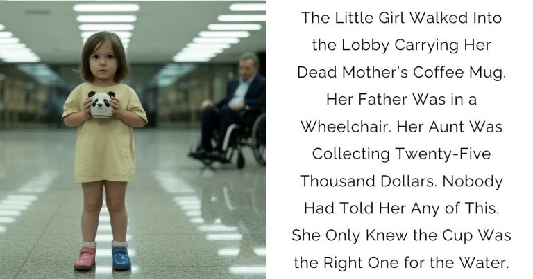 The Little Girl Walked Into the Lobby Carrying Her Dead Mother’s Coffee Mug. Her Father Was in a Wheelchair. Her Aunt Was Collecting Twenty-Five Thousand Dollars. Nobody Had Told Her Any of This. She Only Knew the Cup Was the Right One for the Water.